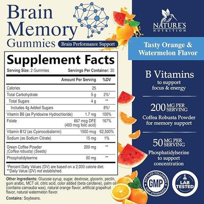 Brain Supplements Gummies - 3X Strength Brain Gummy Vitamin Plus Nootropics For Memory, Focus, Concentration - Phosphatidylserine, B6, B12 & Nootropic, Clarity Support Supplement - 60 Gummies