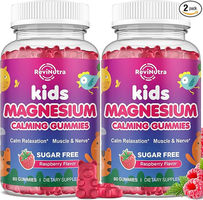 2 Pack Kids Magnesium Gummies, Magnesium Glycinate Gummies for Kids & Adults with L-Theanine, Chamomile, Vitamin D, B6 for Sleep, Relaxation, Brain & Muscle, Sugar Free Raspberry
