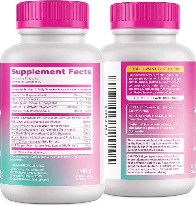 Pink Stork Postpartum Mood Support - Postnatal Hormone Balance for Moms - Breastfeeding Friendly - Stress & Cognitive Support, Postpartum Essentials - Ashwagandha, Chamomile, & Vitamin D, 120 Capsules