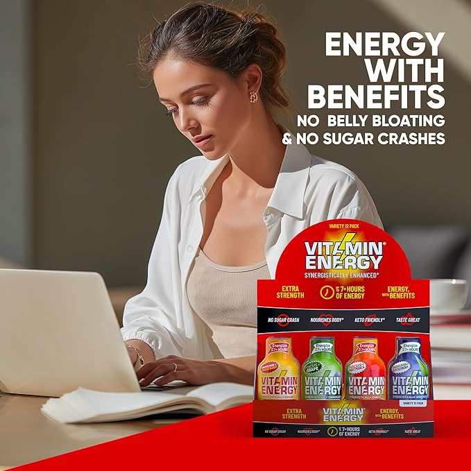Vitamin Energy Extra Strength Energy Shot Variety Pack 12 Pack, 260mg Natural Caffeine, B-Vitamins, Vitamin D, NALT, Rhodiola, Mood, Focus, Immunity & Strength Support, Zero Sugar, Vegan, 1.93 fl oz