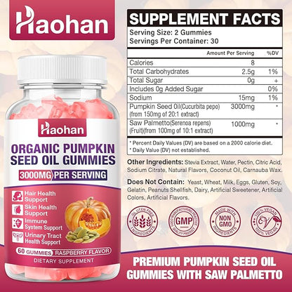 Haohan Pumpkin Seed Oil Gummies with Saw Palmetto for Hair Growth in Women & Men - Organic Hair Skin & Nails Supplement with High-Purity Extract - Sugar-Free, Non-GMO, Raspberry Flavor, 60 Count