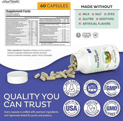 Teen Vitamins for Boys 12-17 - Teen Multivitamin Supreme with D3, Iron, Calcium, Biotin, Digestive Enzymes – Teenager Boy Multi Vitamins for Energy, Brain & Mood Support – 60 Count