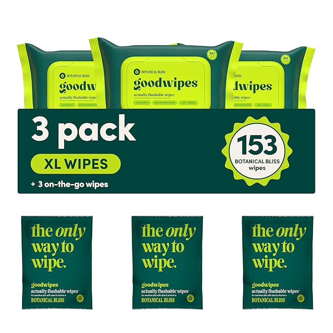 goodwipes Flushable Butt Wipes - Vitamin E & Aloe - Sewer & Septic Safe - Extra Large Adult Wet Wipes For Women & Men - Toilet Essential - Botanical Bliss, 153 Count (3 Packs + 3 Individually Wrapped)