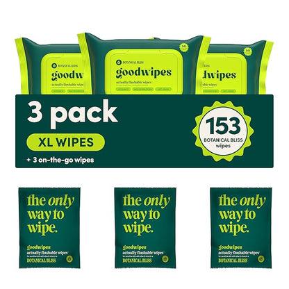 goodwipes Flushable Butt Wipes - Vitamin E & Aloe - Sewer & Septic Safe - Extra Large Adult Wet Wipes For Women & Men - Toilet Essential - Botanical Bliss, 153 Count (3 Packs + 3 Individually Wrapped)