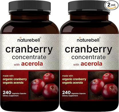NatureBell 2 Pack Cranberry Concentrate with Acerola, 240 Vegetarian Capsules | Organic Cranberry Fruit Extract with Organic Acerola Cherry – Non-GMO, cGMP Manufactured