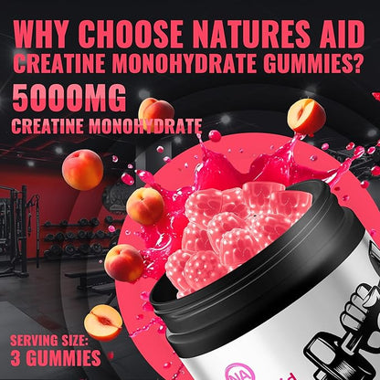Natures Aid NSF Certified Creatine Gummy 5g - Creatine Monohydrate Gummies – Pre-Workout Energy & Muscle Growth Support for Men & Women | Peach Electrolyte Gummies (135 Count)