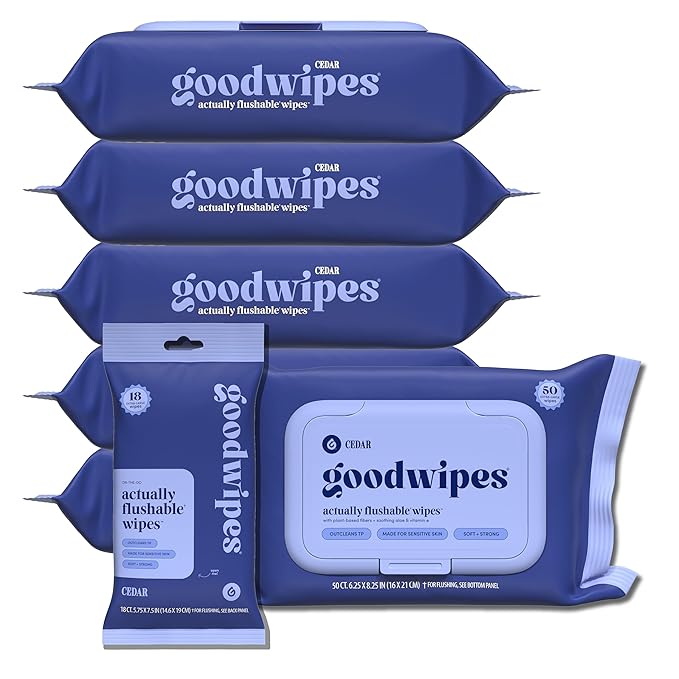 goodwipes Flushable Butt Wipes - Vitamin E & Aloe - Sewer & Septic Safe - Extra Large Adult Wet Wipes For Women & Men - Bathroom Essentials - Cedar, 318 Count (6 Packs + 1 Travel)
