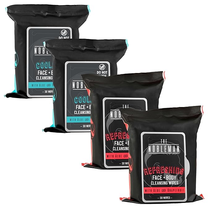 The Nobleman Cooling Face + Body Cleansing Wipes (120 Wipes) - 2 Packs Aloe & Eucalyptus + 2 Packs of Aloe & Grapefruit – Refreshing, Soothing, Non-Greasy, Skin Revitalizer