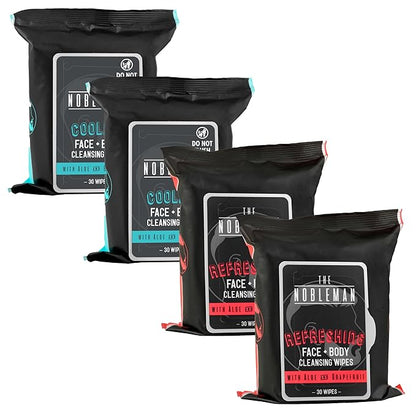 The Nobleman Cooling Face + Body Cleansing Wipes (120 Wipes) - 2 Packs Aloe & Eucalyptus + 2 Packs of Aloe & Grapefruit – Refreshing, Soothing, Non-Greasy, Skin Revitalizer