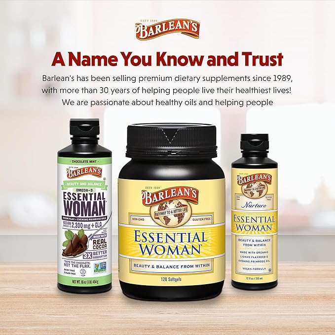 Barlean's Essential Woman Chocolate Mint Liquid Supplement from Flaxseed, Evening Primrose Oil & Soy Isoflavones, Omega 3 6 9 and GLA, Hormonal Balance & Healthy Hair and Skin, 16 oz