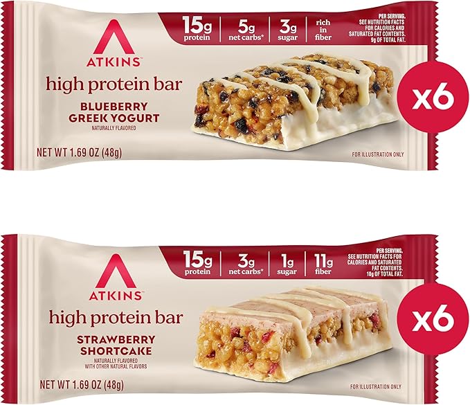 Atkins Blueberry Greek Yogurt & Strawberry Shortcake High Protein Bar, High Fiber, Keto Friendly, 12 Count (6 Bars Each Flavor)