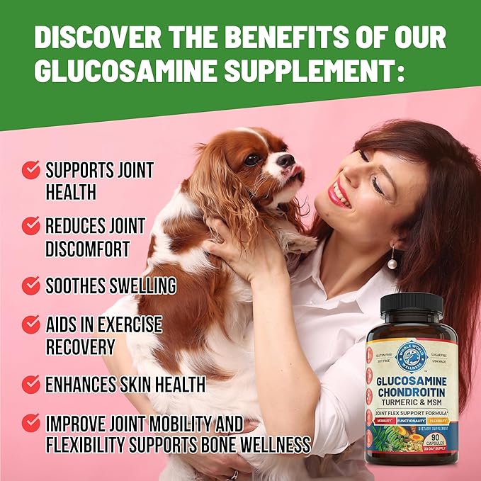 Joint Support Supplement with Glucosamine Chondroitin MSM Turmeric Boswelia. Supports Inflammatory Response, Discomfort Relief for Knees Hands Back Joints. USA Made.