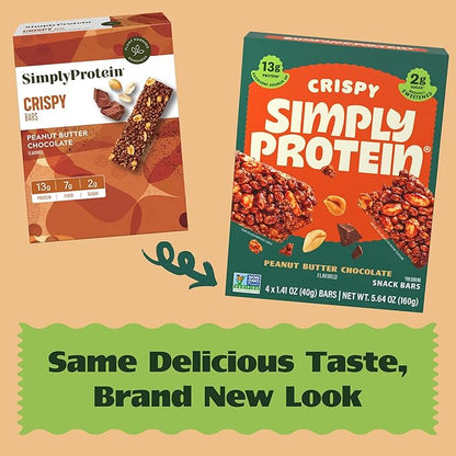 Simply Protein - Peanut Butter Chocolate Crispy Bars - Plant Based Protein Bars - Low Carb, Low Sugar, High Fiber - 13g Protein, 2g Sugar, 7g Fiber - Vegan, Gluten Free, Non GMO, Kosher - 32 Bars