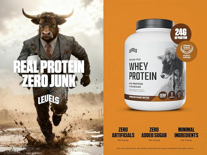 Levels Grass Fed Whey Protein Powder, No Artificials, 24G of Protein, Chocolate Peanut Butter, 5LB