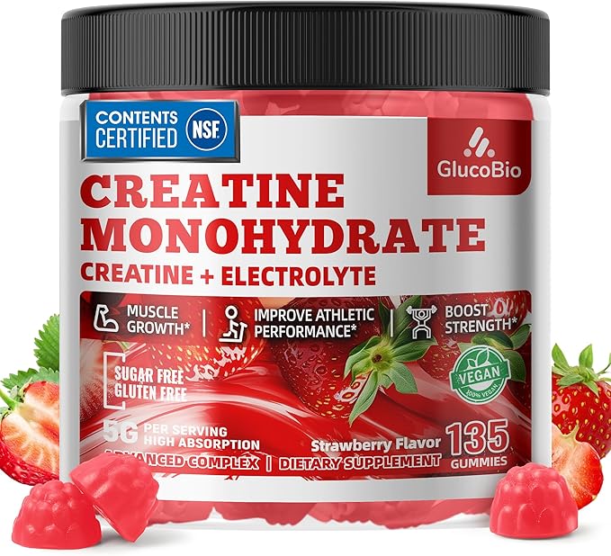 Creatine Monohydrate Gummies (5g) – Pre-Workout Energy & Muscle Growth Support for Men & Women | Strawberry Electrolyte Gummies (135 Count)