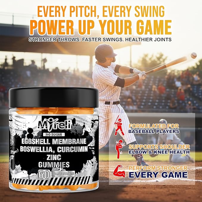 Eggshell Membrane 400mg, Boswellia 300mg, Curcumin 250mg & Zinc 20mg Gummies - Baseball Athlete Joint Support, Flexibility, Recovery, Antioxidant, Energy, Endurance - Vegan, Non-GMO, 60 Gummies
