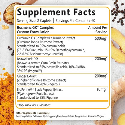 Joint Immune Support Supplement, Patented Blend Turmeric Curcumin C3 Complex with Black Pepper, Boswellia PS Extract & Ginger, Fast-Acting 20 minutes, 8-Hour Sustained Release, 120 Caplets - Sanjevani