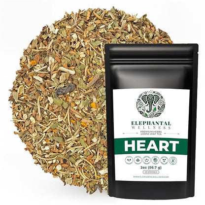 Elephantal Wellness Heart Herbal Tea – Herbal Loose Leaf Tea for Circulation & Cardiovascular Support with Hawthorn, Cinnamon, Ginger & Turmeric – Lightly Caffeinated Green Tea Blend, 2oz, 20 Servings