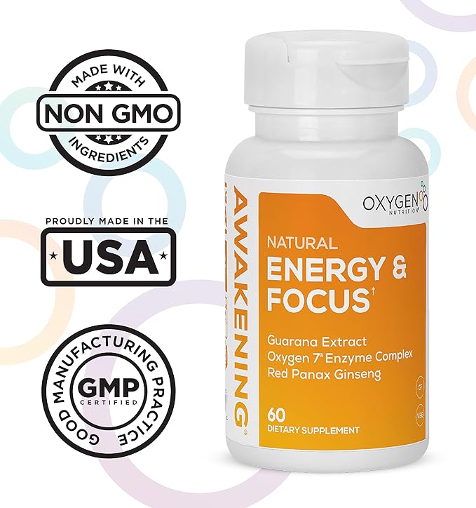 Awakening Natural Energy & Focus Supplement with Panax Ginseng, Guarana Extract & Chromium Picolinate | Brain Supplement for Focus, Energy, Mood & Clarity | Gluten Free Veggie, USA - 60 Caps
