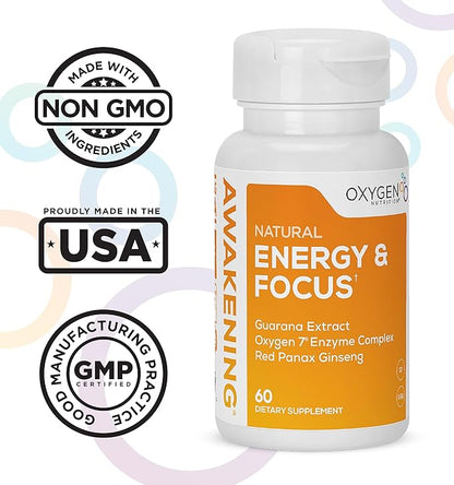 Awakening Natural Energy & Focus Supplement with Panax Ginseng, Guarana Extract & Chromium Picolinate | Brain Supplement for Focus, Energy, Mood & Clarity | Gluten Free Veggie, USA - 60 Caps