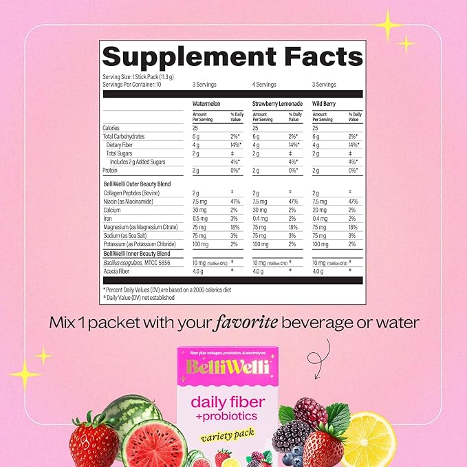 Belli Welli Daily Fiber Supplement Packets with Collagen, Probiotics & Electrolytes | Single Serve Packets for Gut Health, Digestion & Debloating | Variety | 10 Count