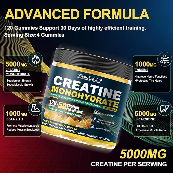 Health4All Creatine Monohydrate Gummies 5g for Men & Women, Creatine Gummy for Strength Energy & Muscle Growth Support Pre-Workout Supplement - Pineapple 120 Gummy