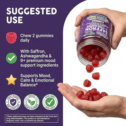 AuraZen Mood Support Saffron Gummies L-Theanine Ashwagandha Rhodiola St John's Wort Lions Mane GABA Vitamin D Magnesium Supplement | Calm Vegan Plant-Based Herbal Gummy By Clean Nutra