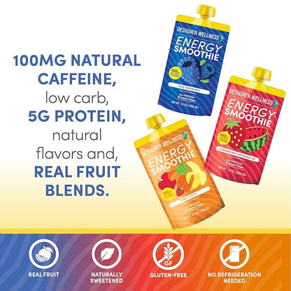 Designer Wellness Energy Smoothie, Real Fruit, 100mg Natural Caffeine, 5g Protein, Low Carb, Zero Added Sugar, Gluten-Free, Variety Pack, 12 Count