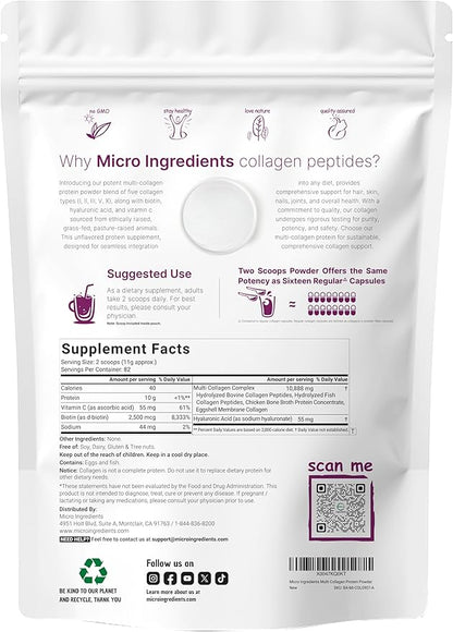 Micro Ingredients Multi Collagen Peptides Powder, 2lb – Hydrolyzed Type I,II,III,V,X with Biotin, Hyaluronic Acid, Vitamin C – Unflavored Collagen for Women & Men, Easy Dissolve, 82 Servings