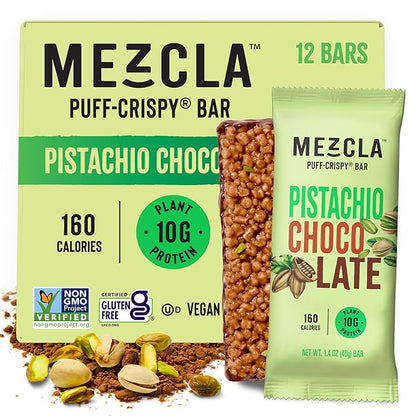 Mezcla Puff-Crispy Plant Based Protein Bars - Pistachio Chocolate - Healthy Snacks for Adults & Dubai Chocolate Fans - Travel & Office Snacks - Gluten Free, Vegan, Non GMO, 10g Protein - 12 Count