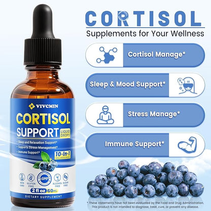 10 in 1 Cortisol Supplements for Women & Men, Cortisol Reducer with Ashwagandha, Magnesium, L-Theanine, Hormone Balance Drops - Sleep & Mood Support, 2 Fl Oz, Blueberry Flavor
