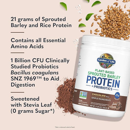 Garden of Life Plant-Based Sprouted Barley Protein, Chocolate with 21g Protein, 0g Sugar & Clean Ingredients, Upcycled Barley, Probiotics, Non-GMO, use in Shakes, Smoothies & Baking, 20 Servings