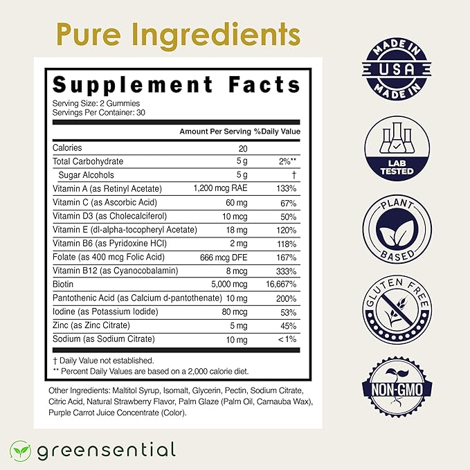 Sugar-Free Hair, Skin & Nails Gummies - Complete Vitamin Complex w/Natural Ingredients - Fuller Hair Support - No Artificial Colors, Natural Strawberry Flavor, Made in USA, 60 Ct