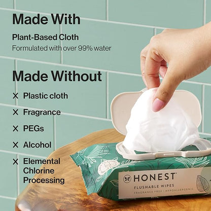The Honest Company Hypoallergenic Flushable Wipes for Sensitive Skin, Tropical Leaves, 126 Count