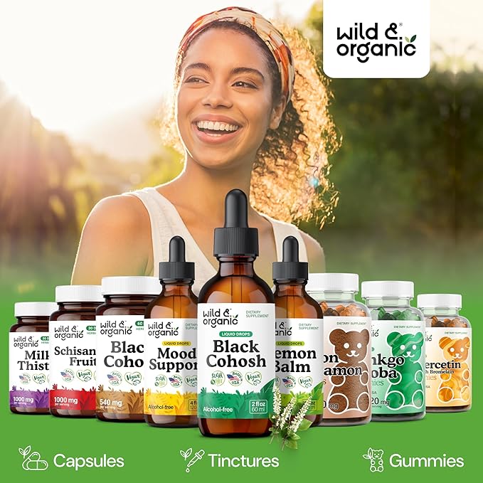 Wild & Organic Black Cohosh Supplements Women - Menopause & Perimenopause Support - 540 mg Natural Black Cohosh Tincture - Add to Tea Liquid Drops - 2-Month Supply - Vegan, Sugar & Alcohol-Free - 2 oz