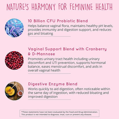 Vaginal Probiotics for Women - ph Balance for Women | 10B CFU - 10 Strains | Cranberry & D-Mannose | BV, Yeast, Flora & Odor Control | Urinary, Gut & Digestive Health Support Pills, 60 Ct