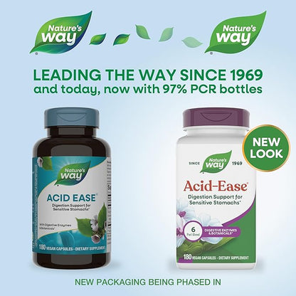 Nature's Way Acid Ease, Digestive Support Supplement for Sensitive Stomachs*, Marshmallow Root Extract, Slippery Elm Bark, Digestive Enzymes, 180 Vegan Capsules (Packaging May Vary)