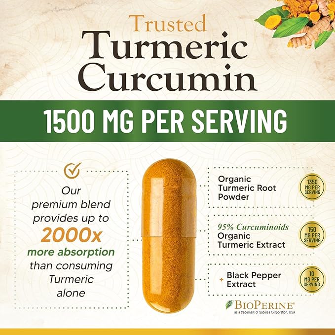 Turmeric Curcumin Supplement 1500mg - Organic Tumeric & BioPerine Black Pepper for Best Absorption with 95% Curcuminoids, Nature's Joint & Immune Support, Non-GMO, Bottled in USA - 240 Capsules