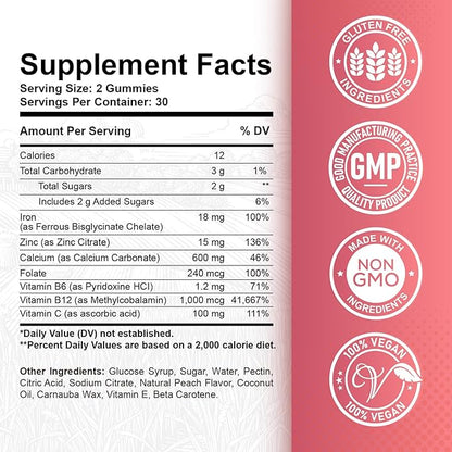 Iron Gummies with Zinc, Calcium, Vitamin C, B6 & B12 | Iron Supplement for Women, Men & Kids | Supports Anemia & Deficiency, Blood Builder & Cell Formation | Chewable Peach Flavor, 60 Gummies
