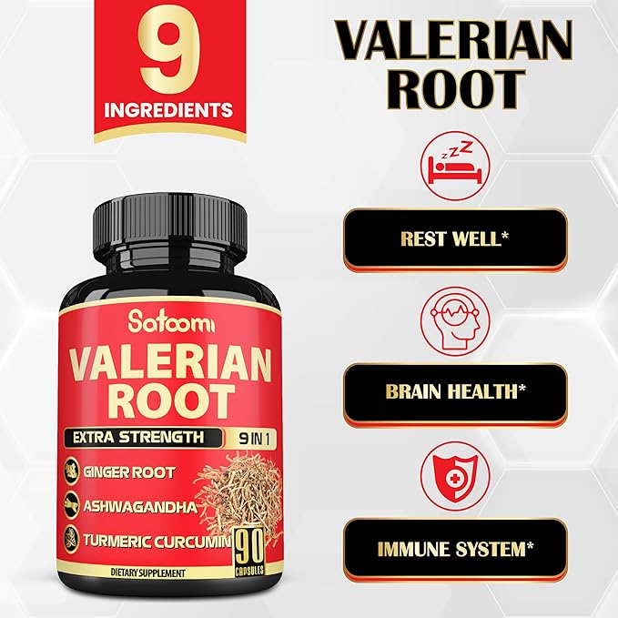 Satoomi Valerian Root Capsules - 9 Natural Herbs - Ashwagandha, Turmeric, Ginger, Ceylon Cinnamon - 90 Caps for 3-Month Supply