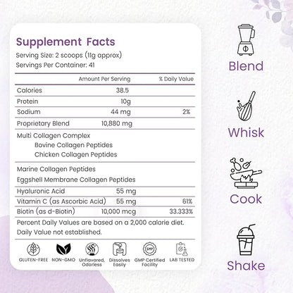 Multi Collagen Peptides Powder, 1 Pounds collagen powder- Type I,II,III,V,X with Biotin 10000mcg, Hyaluronic acid powder, Vitamin C - Unflavored Collagen Protein Powder - Keto & Paleo, Easy Dissolve