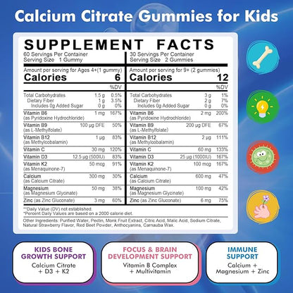 Kids Calcium Citrate Gummies with Vitamin D3 Supplement, Calcium Citrate 300/600 mg with Magnesium Zinc & Multivitamin for Kids 4+ & Teens, Support Bone Muscle & Digestive Health, Sugar Free, 60ct