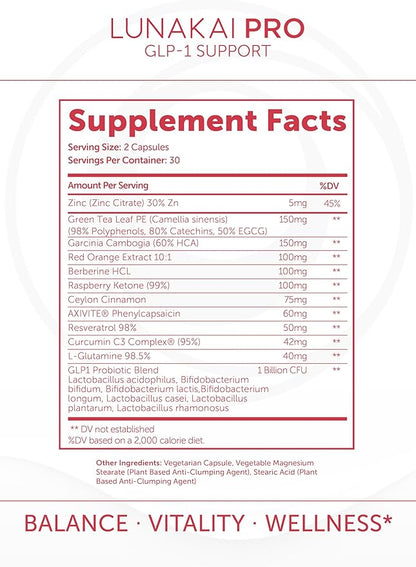 Lunakai PRO USA Made GLP-1 Supplement - Natural GLP 1 Support with Probiotics & Resveratrol – Supports Weight Management, Cravings & Metabolism, 60ct