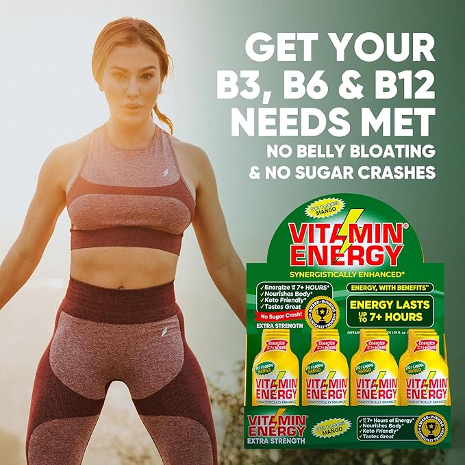 Vitamin Energy B12 11,000% Extra Strength Energy Shot Mango 48 Pack, 260mg Natural Caffeine, B12 & B6, Nootropic Focus, Vitality, Zero Sugar, Gluten-Free, Vegan, Kosher, 1.93 fl oz