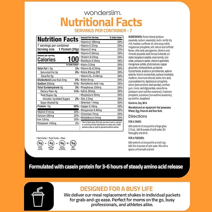 WonderSlim Meal Replacement Shake, Orange Creamsicle, 15g Protein, 25 Vitamins & Minerals, Gluten Free, Low Carb (7ct)