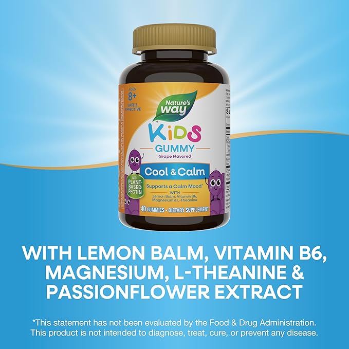 Nature's Way Kids Cool & Calm Gummies,Supports a Calm Mood in Kids Ages 8+*,Lemon Balm,Magnesium,Vitamin B6,L-Theanine,Grape Flavored,Vegetarian,(Packaging May Vary),40 Count (Pack of 2)