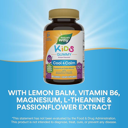Nature's Way Kids Cool & Calm Gummies,Supports a Calm Mood in Kids Ages 8+*,Lemon Balm,Magnesium,Vitamin B6,L-Theanine,Grape Flavored,Vegetarian,(Packaging May Vary),40 Count (Pack of 2)
