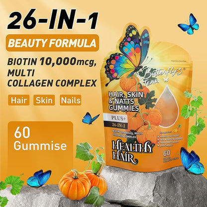 BUTTERFLY'S TEAR Hair, Skin & Nails Gummies | 26-in-1 Biotin 10,000mcg & Collagen Complex | Pineapple Flavor, 180 Count