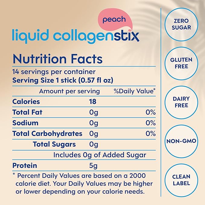 Hydrolyzed Liquid Collagen Peptides for Women & Men - Grass-Fed Bovine Protein Supplement for Hair Growth, Skin and Nails (Pack of 14, Peach)