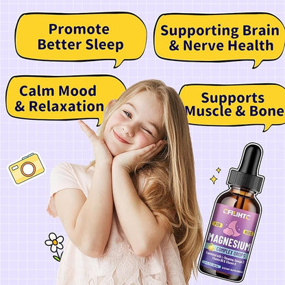 Kids Magnesium Liquid Drops-Magnesium Glycinate Liquid for Kids Supplement-w/L-theanine, Omega-3, Vitamin B6, D3 - for Sleep, Relaxation, Brain, Bones - Lemon Flavor, 2 Fl Oz